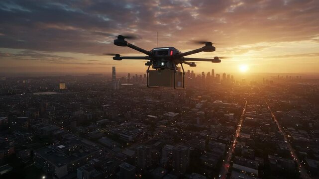 complex drone aerial cityscape sunset urban landscape, 4k video, Aerial video captures a drone delivering a package over a cityscape at sunset, futuristic logistics from a high-angle perspective.