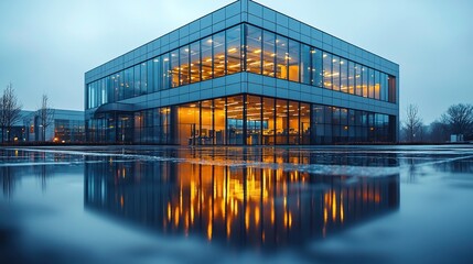 Modern office building reflected in puddles