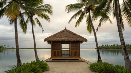 Fototapeta premium Serene tropical hut surrounded by palm trees, overlooking calm waters under cloudy sky, creating peaceful and relaxing atmosphere