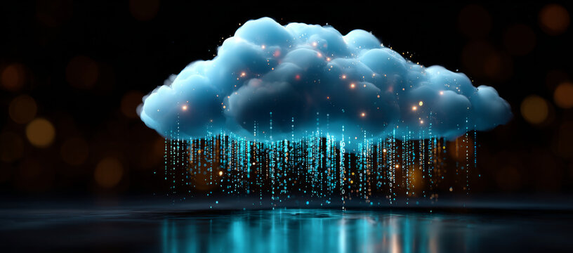 Glowing cloud with cascading binary code creates mesmerizing digital atmosphere, evoking sense of innovation and technology