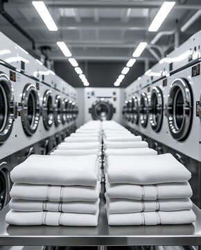 Modern industrial laundry room interior with rows of washing machines and neatly folded towels, creating a sense of cleanliness, efficiency, symmetry, and professional service

