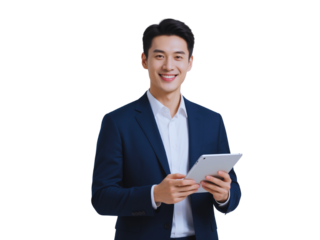 Smiling Asian Businessman Using Tablet Computer