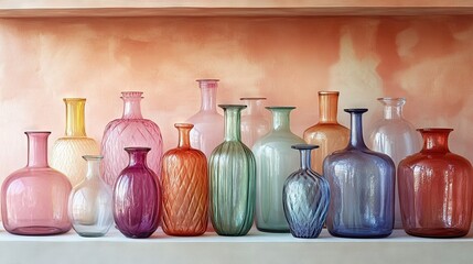 Elegant Collection of Pastel Glass Bottles on Shelf with Warm Peach Background, Subtle Textures for Home Decor, Commercial Branding and Artistic Wallpaper Design