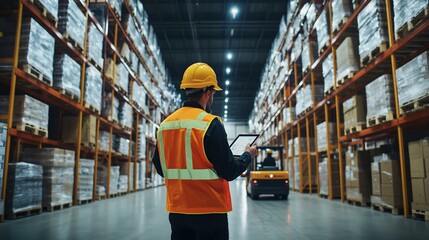 Warehouse worker using tablet in large warehouse