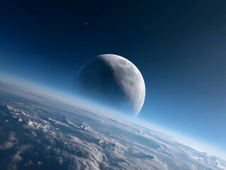 Moon Rising Above Earth with Clouds and Atmosphere
