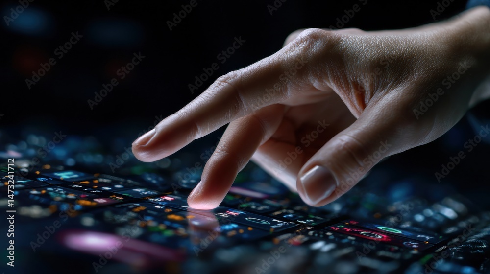 Poster A hand is pointing at a screen with a lot of numbers and symbols