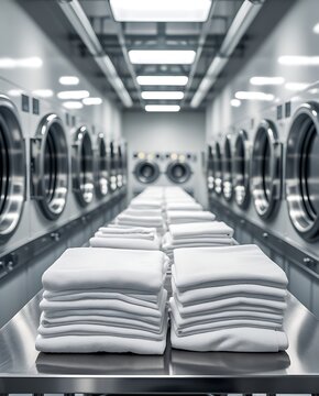 Modern industrial laundry room interior with rows of washing machines and neatly folded towels, creating a sense of cleanliness, efficiency, symmetry, and professional service

