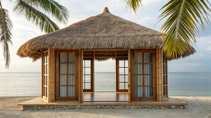 Serene tropical beach hut with thatched roof, surrounded by palm trees, overlooking calm sea under soft, cloudy sky