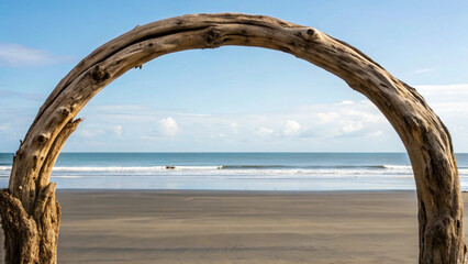 Fototapeta premium Natural wooden arch frames serene beach with calm waves and clear blue sky, evoking peaceful coastal atmosphere