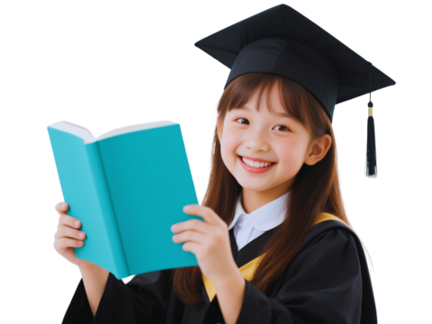 Happy Girl Graduate Student Holding Teal Book