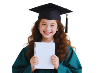 Happy Girl in Graduation Gown Holding Blank Notebook