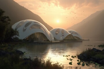 Obraz premium Futuristic Structures on a Calm Lake at Sunset