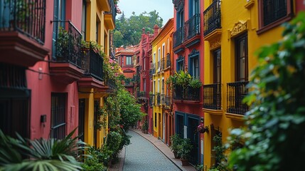 Obraz premium Colorful European alleyway lined with vibrant buildings