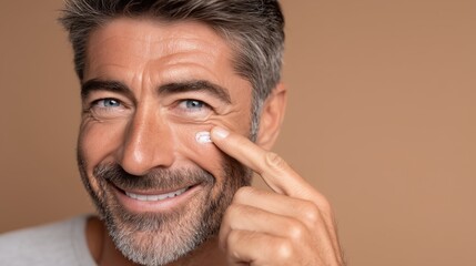 Smiling Middle Aged Man Applying Skincare on His Face