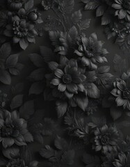 Intricate black charcoal floral wallpaper, textured elegance , craft, motif