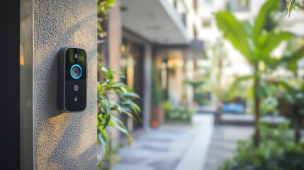 A smart doorbell camera monitoring a visitor at a modern home.
