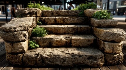 Weathered stone steps adorned with vibrant green plants in urban setting