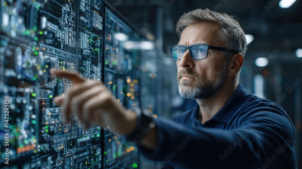 Aufkleber A man is pointing at a computer monitor with a finger