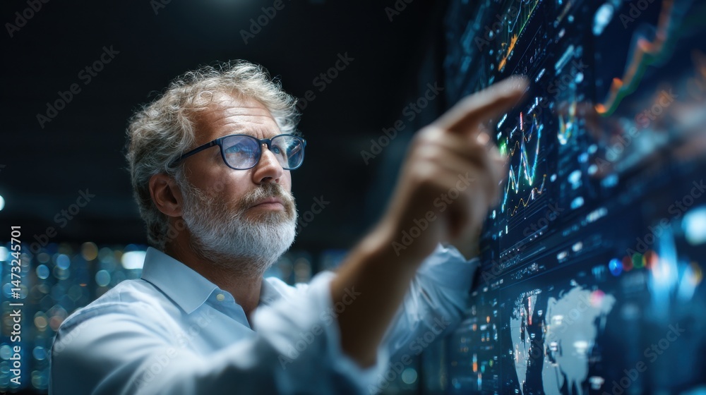 Aufkleber A man with glasses pointing at a computer screen with a globe on it