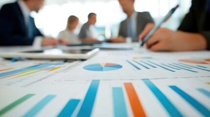 Corporate team analyzing financial reports in boardroom.