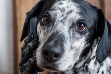 Spotted dog holding a phone to its ear.