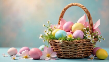 Colorful Easter eggs nestled in a spring basket overflowing with pastel-colored ribbons and flowers , spring flowers, joy