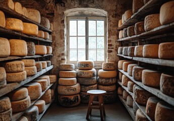 Rustic cheese storage room with wooden shelves filled with various cheese rounds, natural light streaming through a window, inviting atmosphere and texture