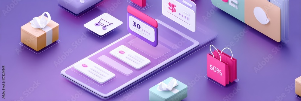 Leinwandbilder isometric web store interface design featuring sale badge and blank center for product display compo