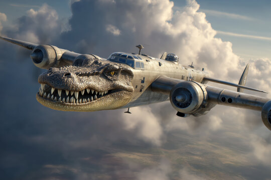 Bomber airplane with a crocodile head flying through clouds