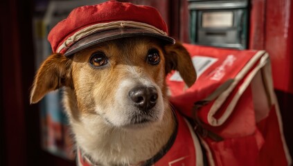 Adorable dog dressed as a mail carrier in red costume.