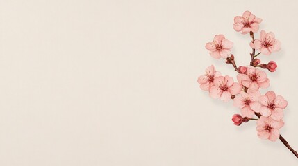 Obraz premium A delicate cherry blossom branch with pink flowers lies on a plain, light background, creating a minimalist and elegant composition.