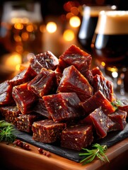 Savory And Delectable Beef Jerky Stacked Neatly On Slate Serving Board With Dark Beer Glasses And Warm Ambiance In The Background