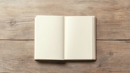An open blank notebook lies on a wooden table, ready for writing or sketching.