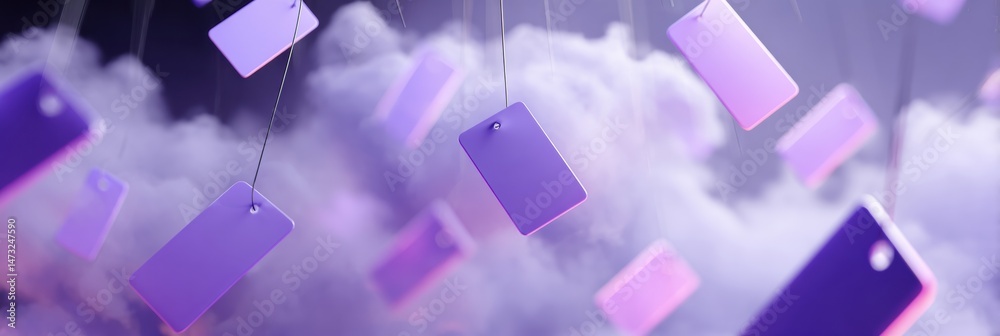 Poster Floating 3D Price Tags Surrounded by Purple Fog Create a Captivating Atmosphere in a Light-Filled Center Area