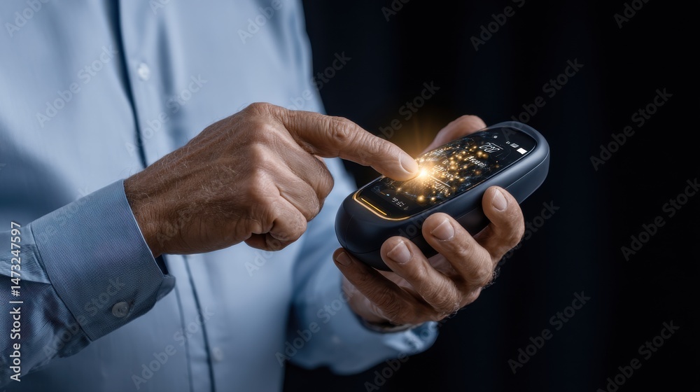 Poster A man is holding a cell phone and pointing at a glowing screen