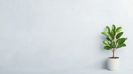 A small potted plant with green leaves sits against a plain light background, creating a minimalist and fresh look.