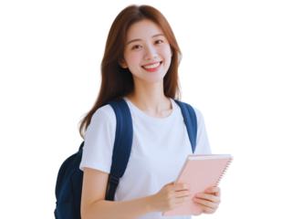 Smiling Asian Student Girl with Backpack and Notebook
