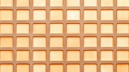 Fototapeta premium A close-up of a geometric wooden grid pattern with square cutouts, displaying warm, natural tones and precise symmetry.