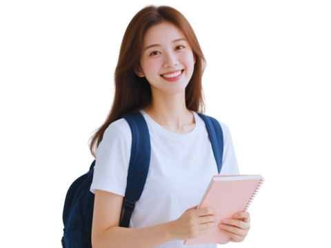 Smiling Asian Student Girl with Backpack and Notebook