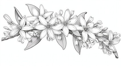 Detailed botanical illustration of delicate, blossoming lilies rendered in fine black lines on a white background