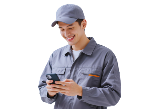 Smiling Asian Man in Work Uniform Using Smartphone