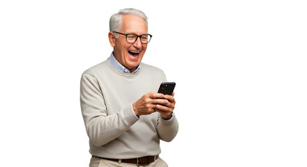 Elderly man laughing at smartphone in front of white background