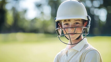 A young cricket player wearing pads and helmet on the field