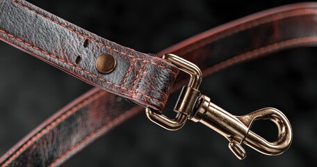 Close-up of a leather dog leash with metal clasp.