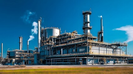 Obraz premium A large industrial plant with many tall smokestacks. The sky is clear and blue. The plant is emitting smoke