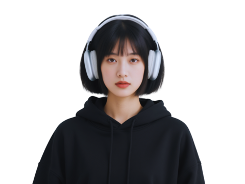 Young Woman with Short Hair Listening to Music in White Headphones