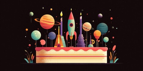 Colorful cosmic birthday cake with rockets and planets.