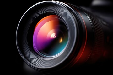Close-up shot of a camera lens with colorful reflections and a sleek, modern design.