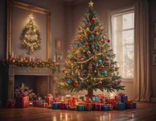 Ornate Christmas tree, vibrant lights, colorful gifts ,  silver,  lights