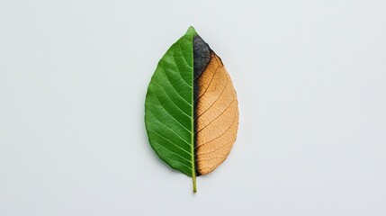 A single leaf split into healthy green and dried brown halves, symbolizing contrast between life and decay.
